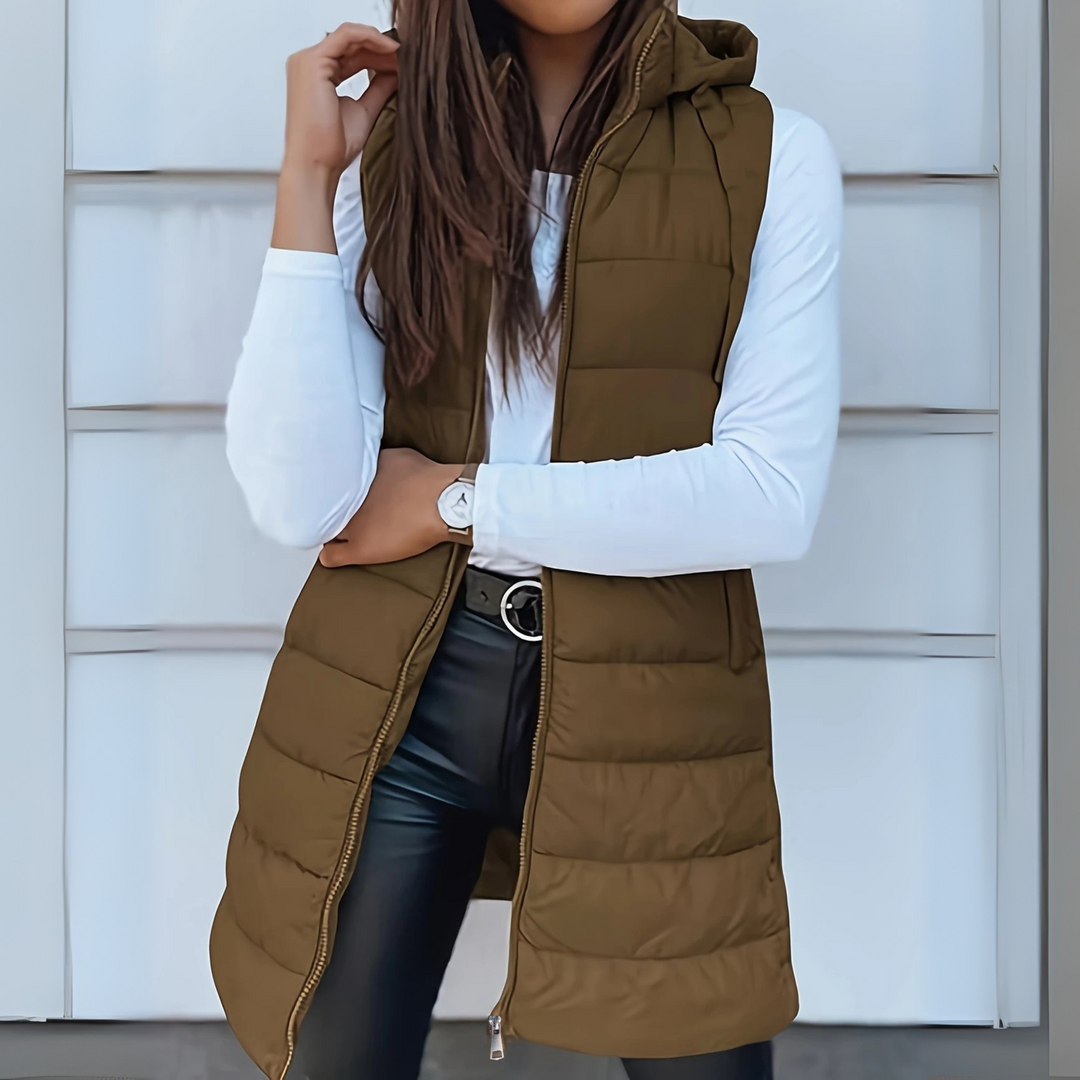 Eirlys hooded puffer vest in brown, front view worn open