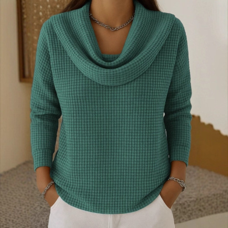 Amber Frost waffle-knit cowl neck sweater in green, front view