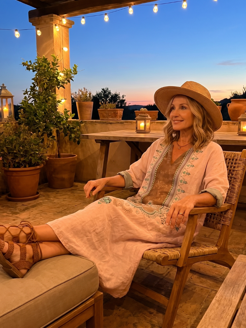 Kenza embroidered midi dress in pink, worn seated on an evening terrace