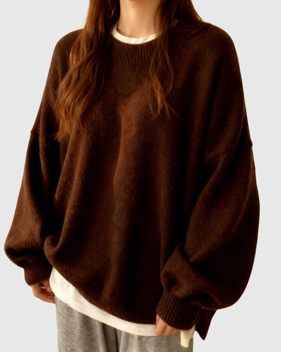 Colette oversized fleece sweater in brown, front view