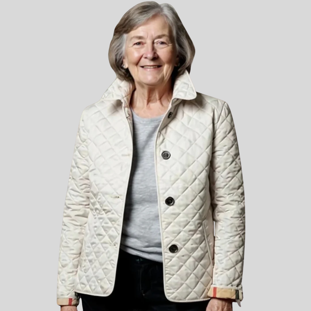 Hailey quilted jacket in white, front view with turned-down collar