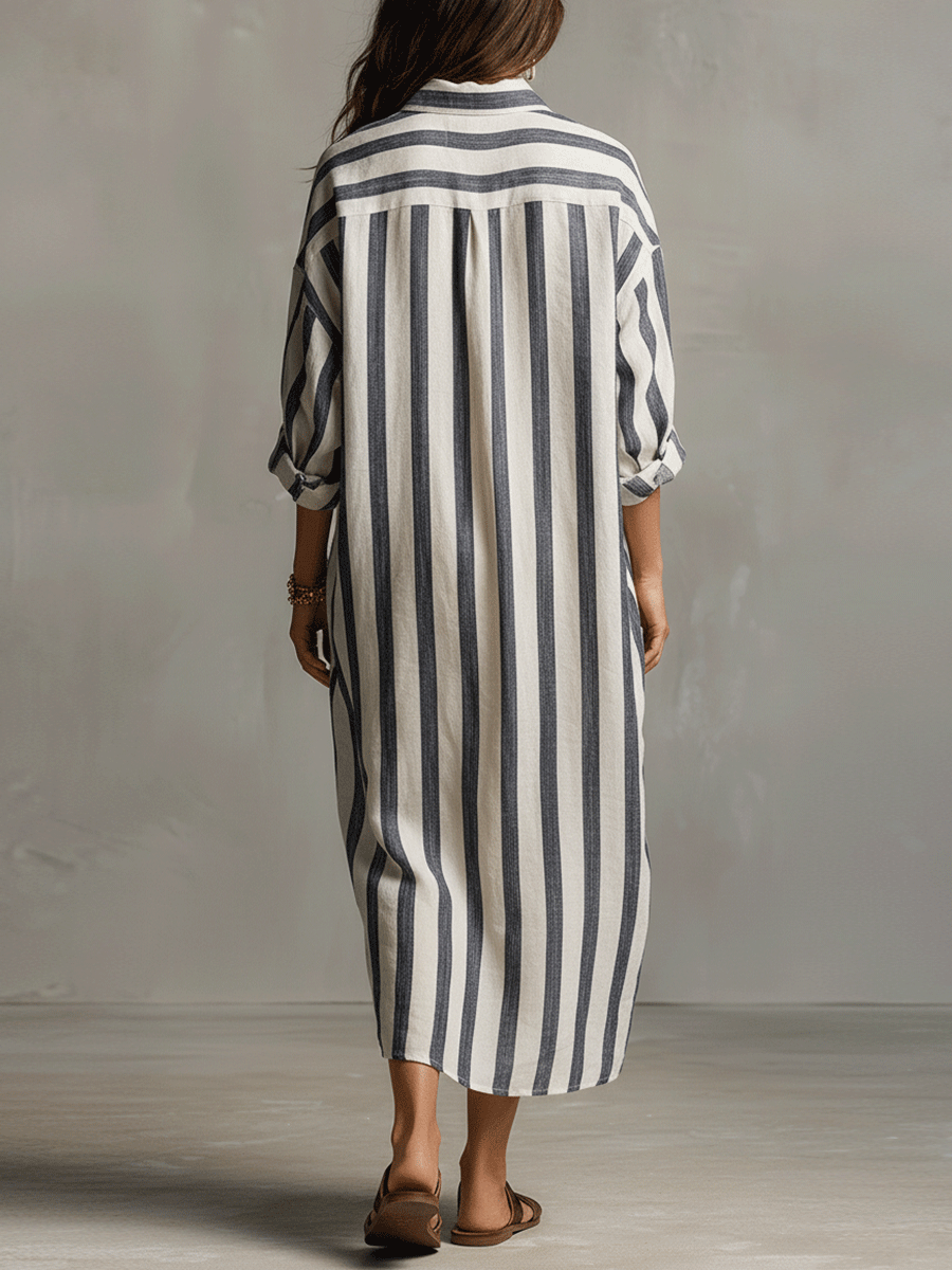 Striped shirt maxi dress in navy stripe, back view