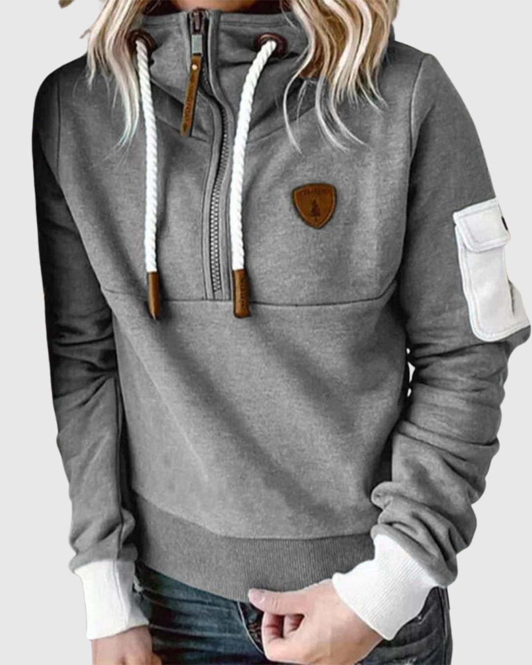 Lois knit pullover in grey, full front view with sleeve pocket