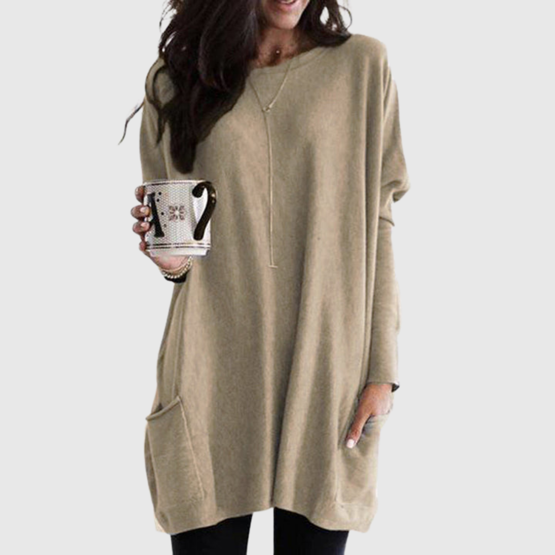 Fenora relaxed pocket tunic in beige, full front view