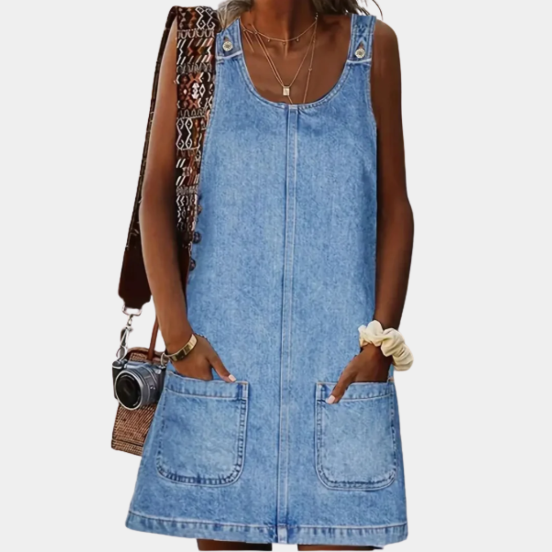 Saylor relaxed denim-look dress in light blue, front view with patch pockets