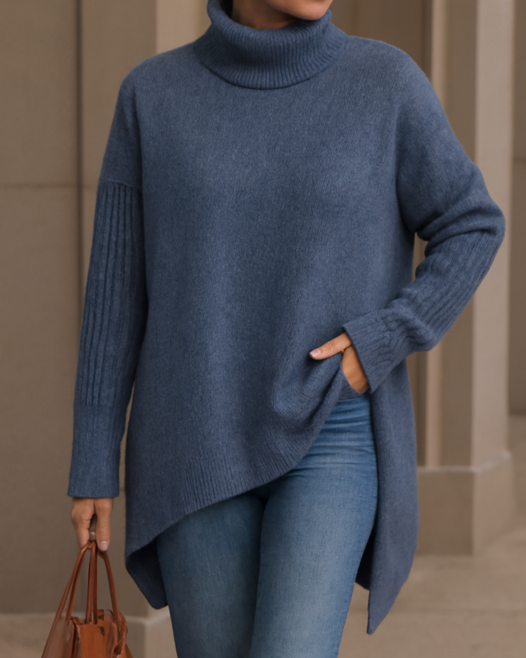 Fenella long turtleneck sweater in ocean blue, front view over jeans