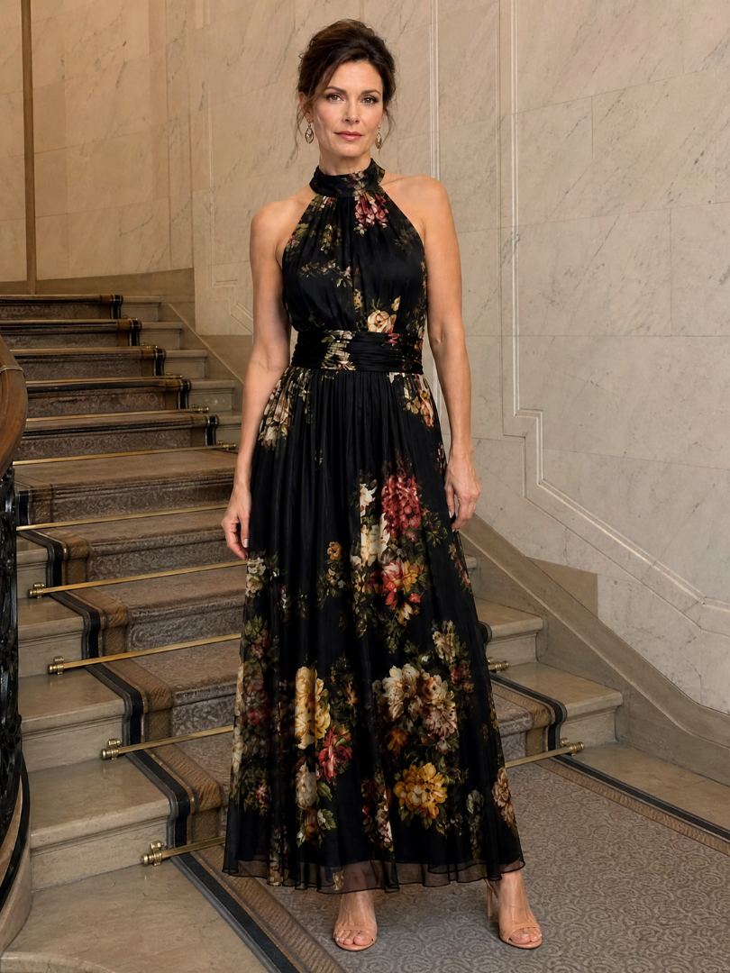 Sior halter neck floral dress worn on marble staircase