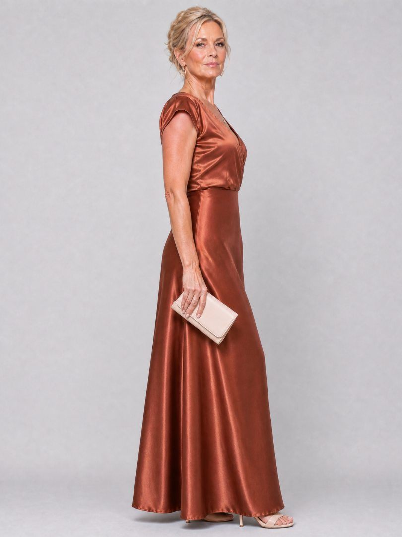 Samouse wrap maxi dress in brown, side view showing flowing skirt