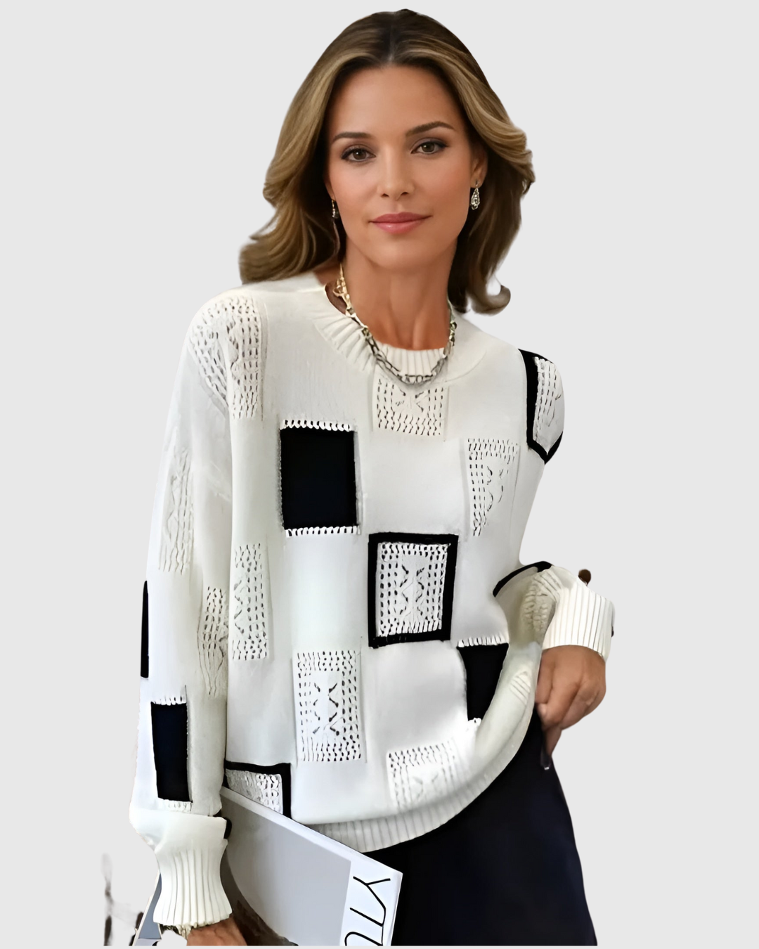 Vionelle chic sweater in white with black patchwork squares, front view