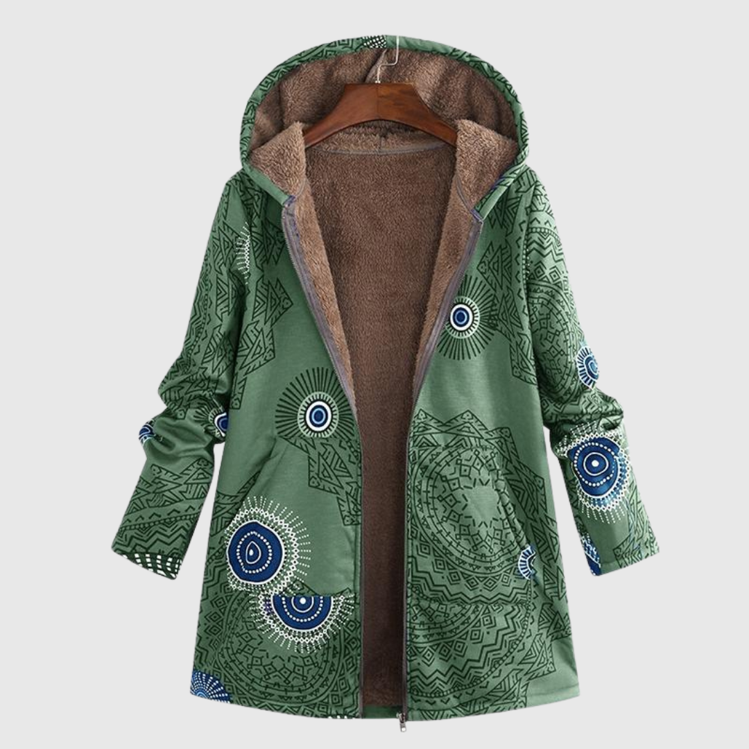 Willow warm hooded jacket in green geometric print, front view