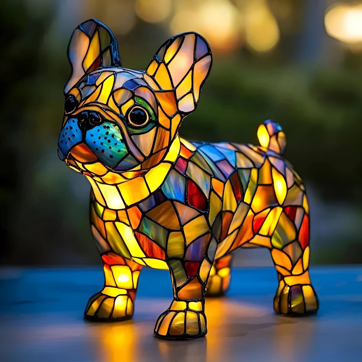 Beau bulldog lamp in multicoloured mosaic resin, glowing side view
