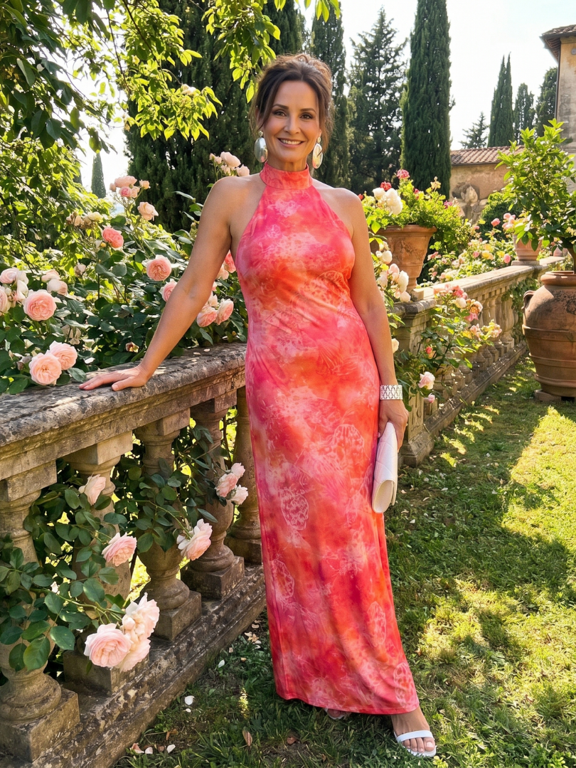 Coraline coral print maxi dress worn in a rose garden, front view