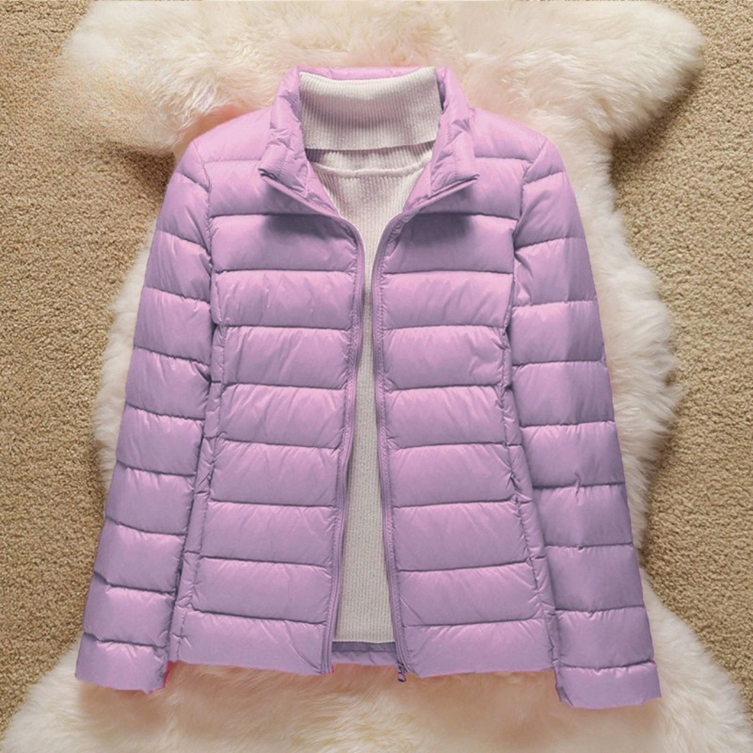 Ulla padded jacket in lilac, quilted front with stand collar and zip