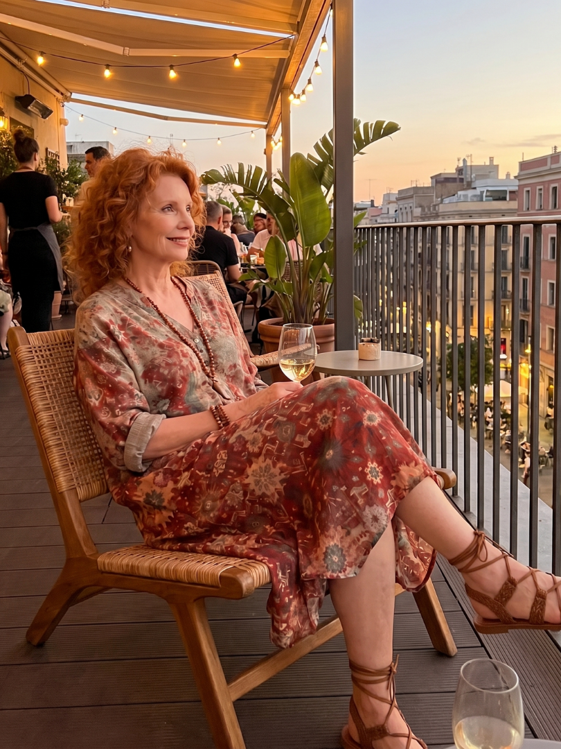 Saffron midi dress worn seated on a terrace at sunset