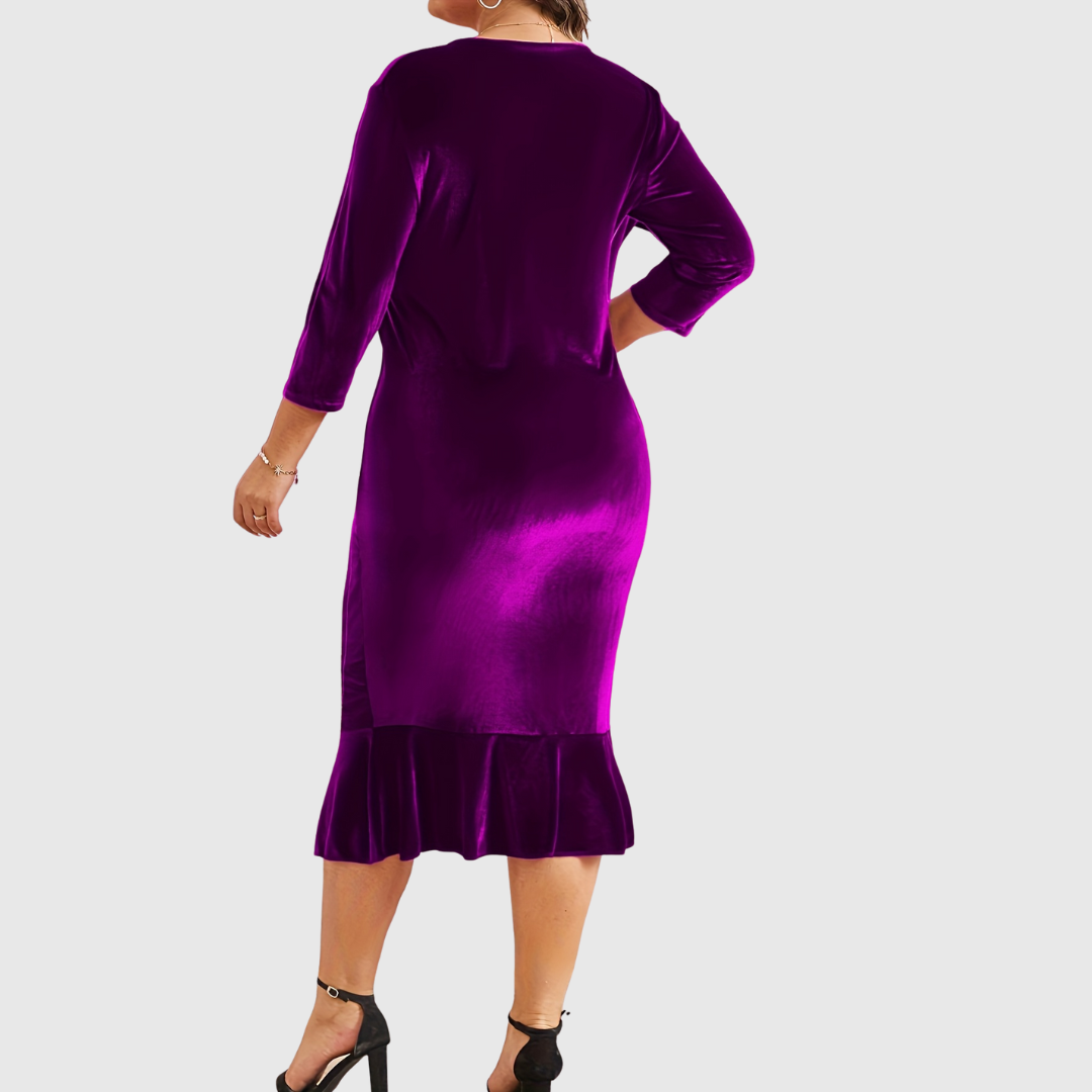 Zaar velvet midi dress in purple, back view with fluted hem