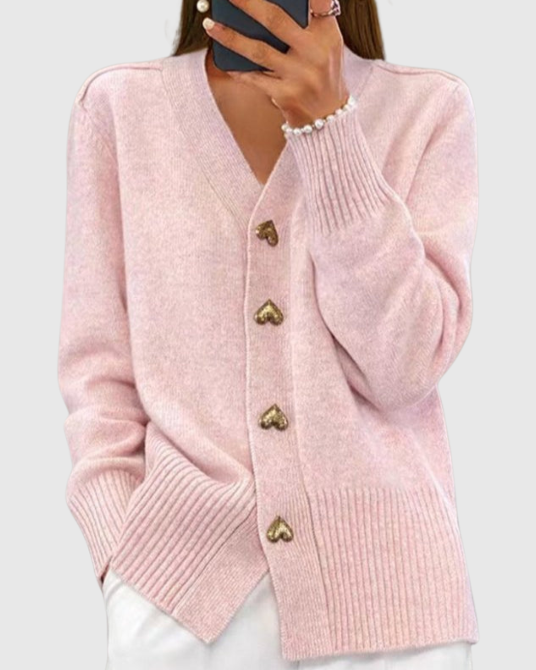 Heart button knit cardigan in pink, front view