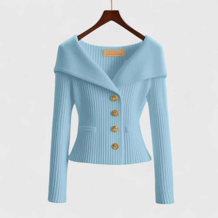 Elara soft knit cardigan in sky blue, front view on hanger