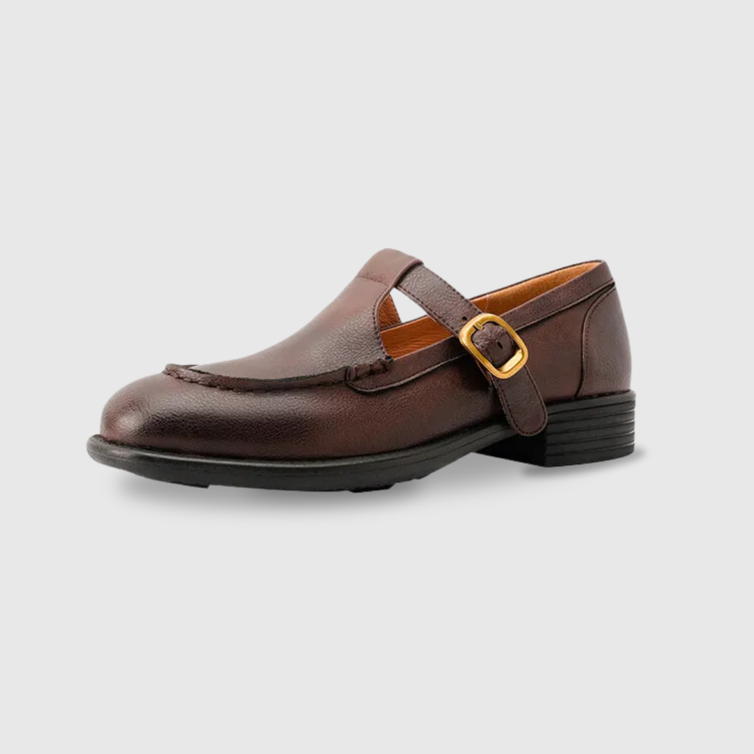 Nancy leather T-strap shoe in brown, side product view