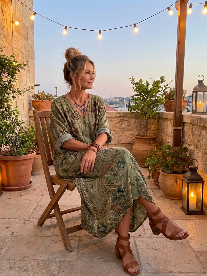 Aleta green embroidered midi dress worn seated on a terrace at dusk