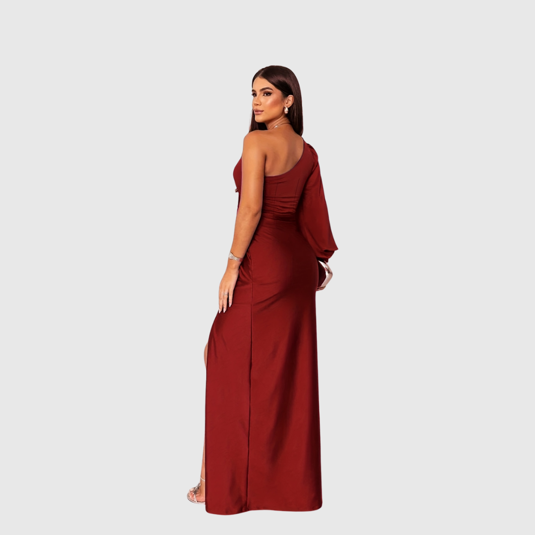 Charlotta one-shoulder gown in crimson red, full-length back view