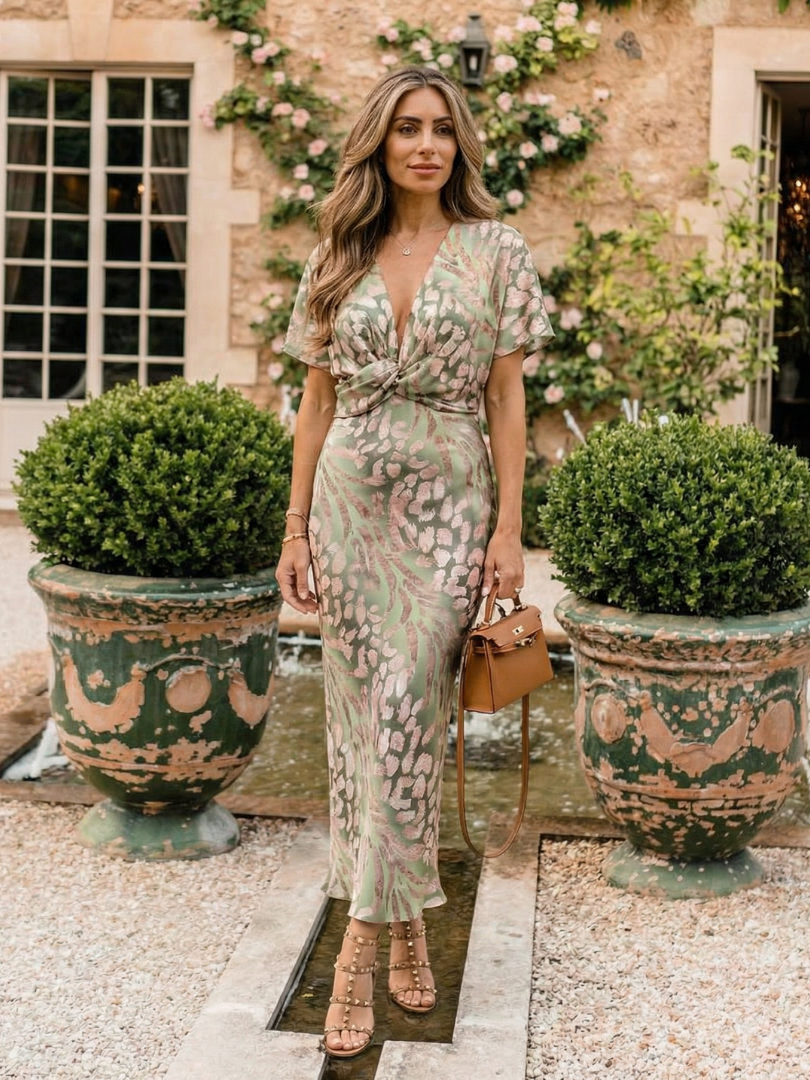 Coralie abstract print midi dress in green, worn in a garden setting