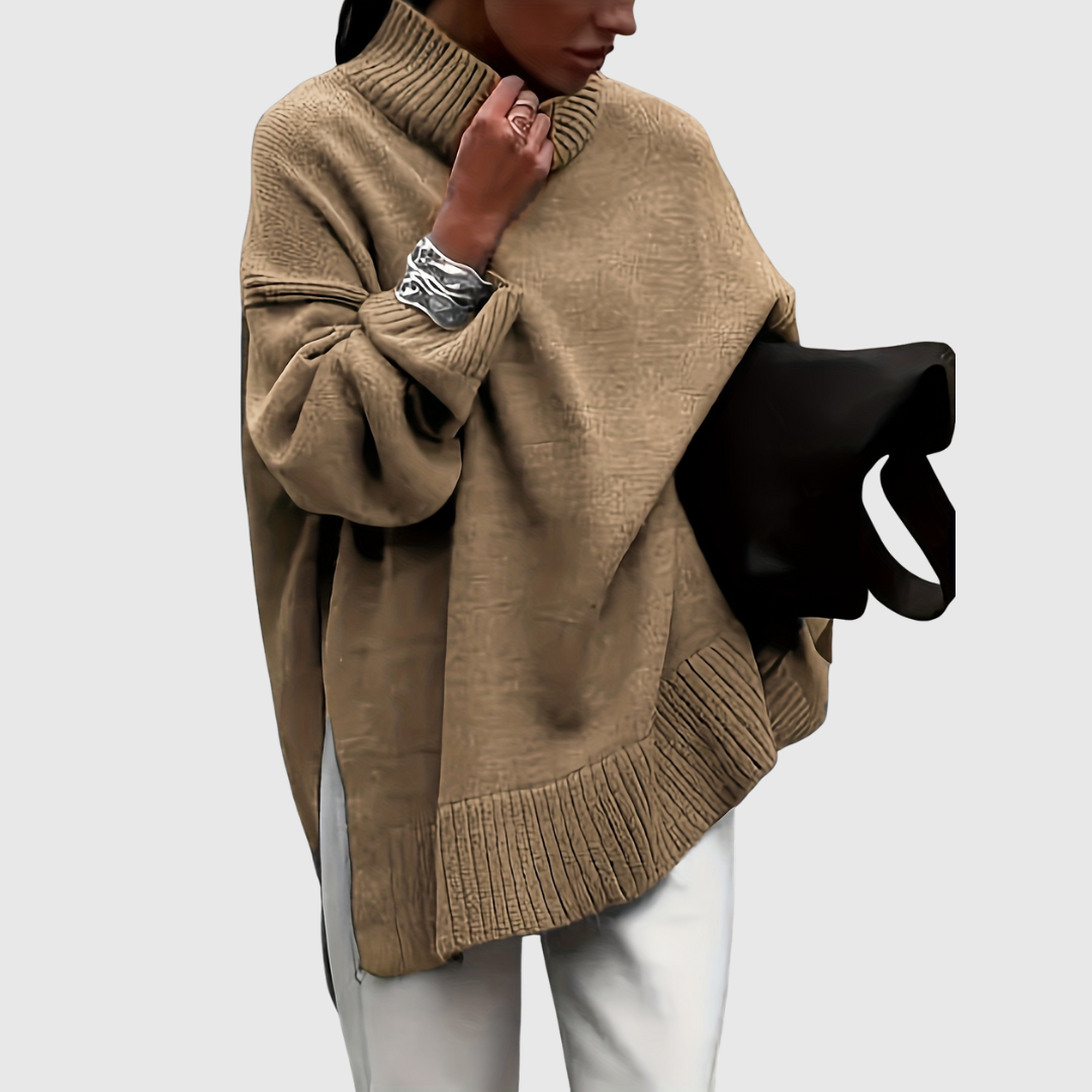Victoria's oversized sweater in camel, front view on model