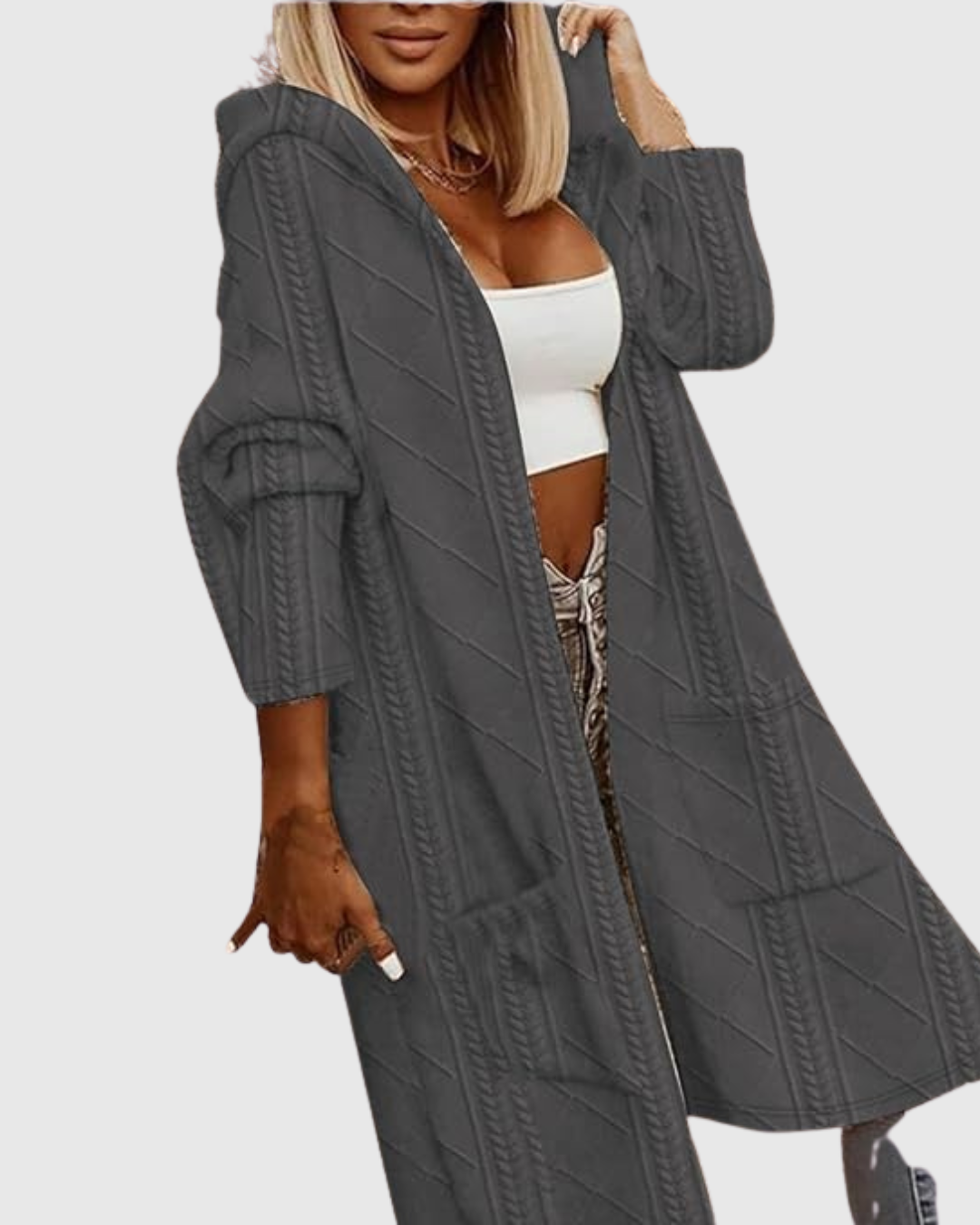 Honoria hooded cable-knit cardigan in grey, full-length front view