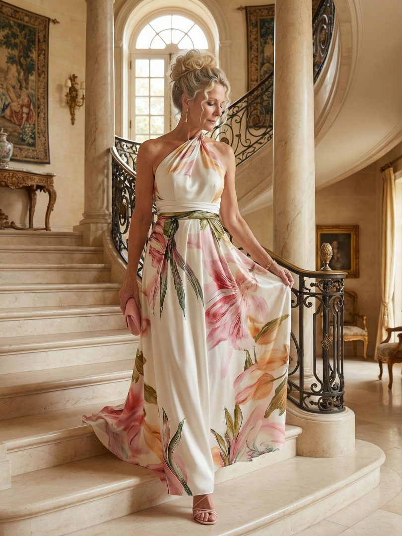 Amiel floral maxi dress in ivory pink print on a marble staircase