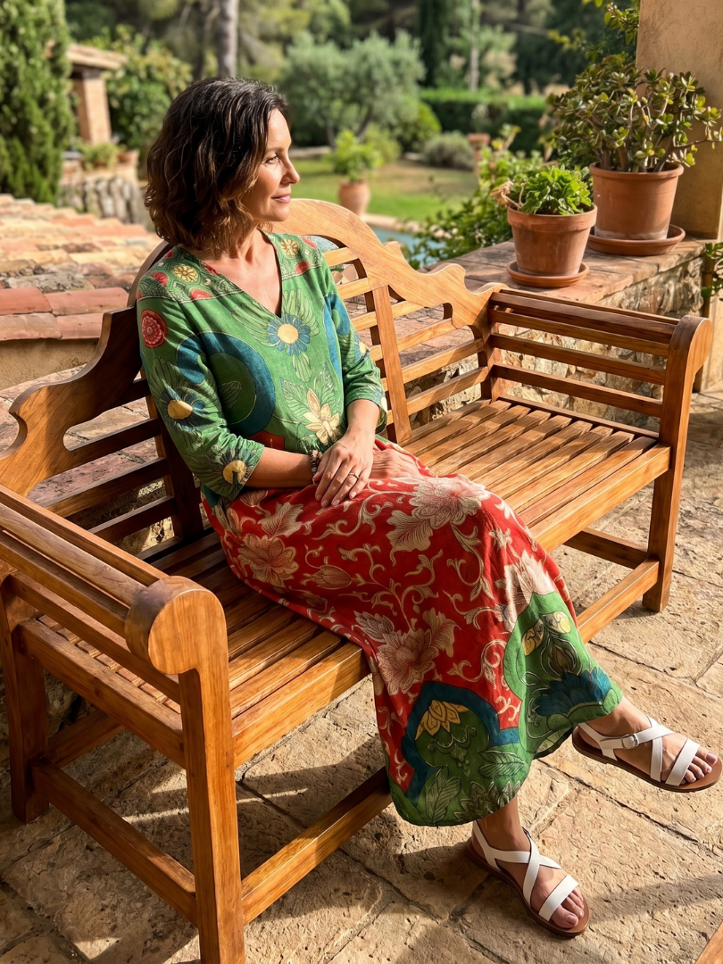 Sloane midi dress worn seated on a garden bench in warm sunlight