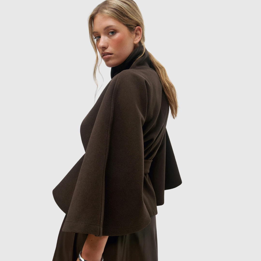 Rhoslyn belted cape jacket in brown, close side view of cape sleeve
