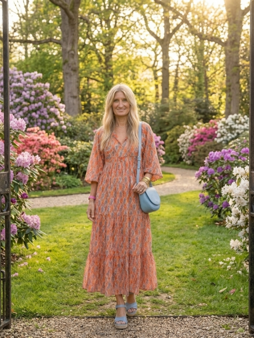 Amara tiered midi dress in coral print, full-length garden view