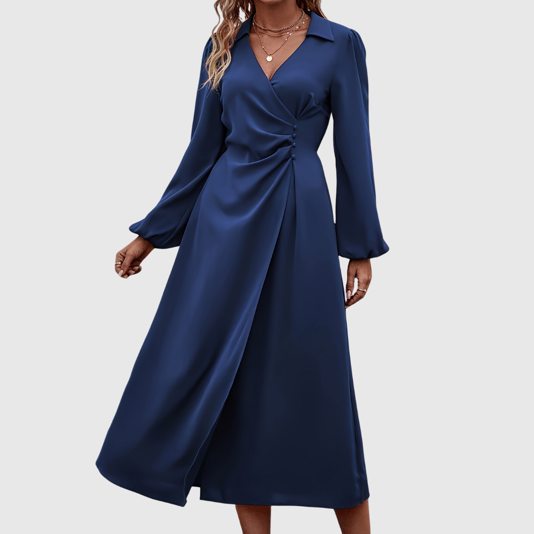 Islanna twist front midi dress in navy, front view