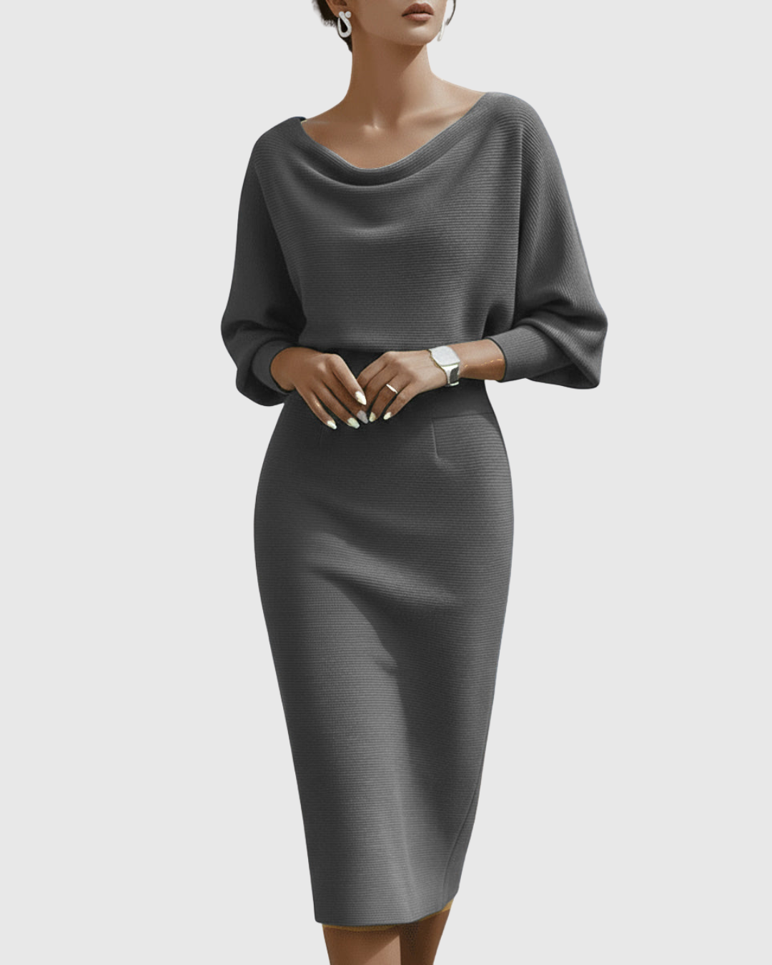 Isméria draped batwing midi dress in grey, front view