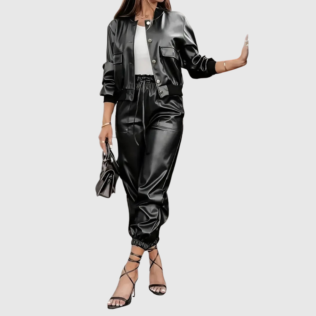 Livia luxe two-piece leather set in black, full front view