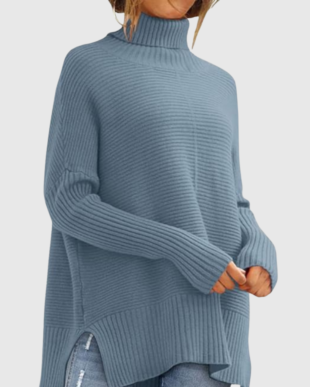 Aeronwen ribbed turtleneck knit jumper in indigo, front view