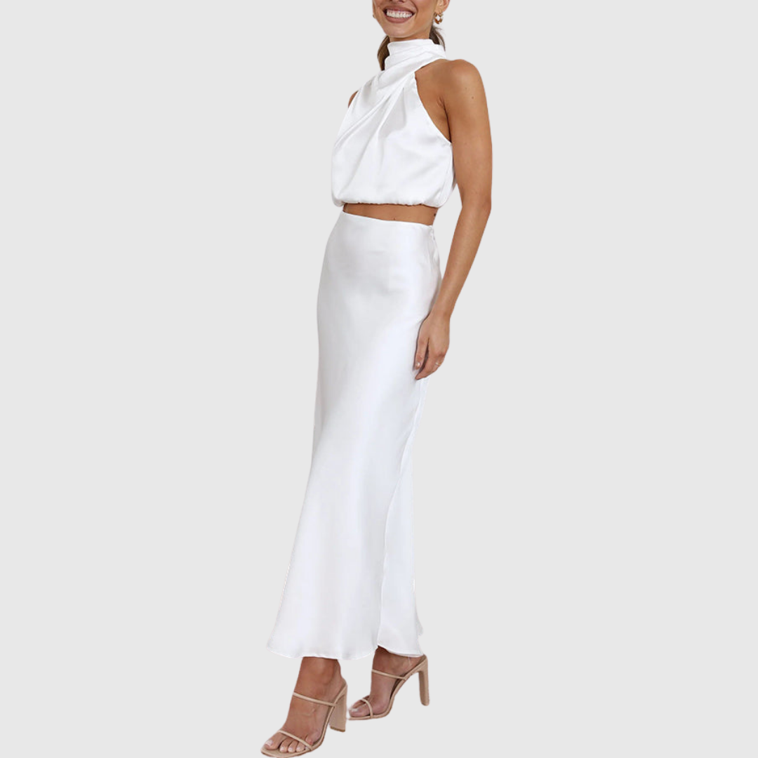Emily drape maxi set in white satin, side view
