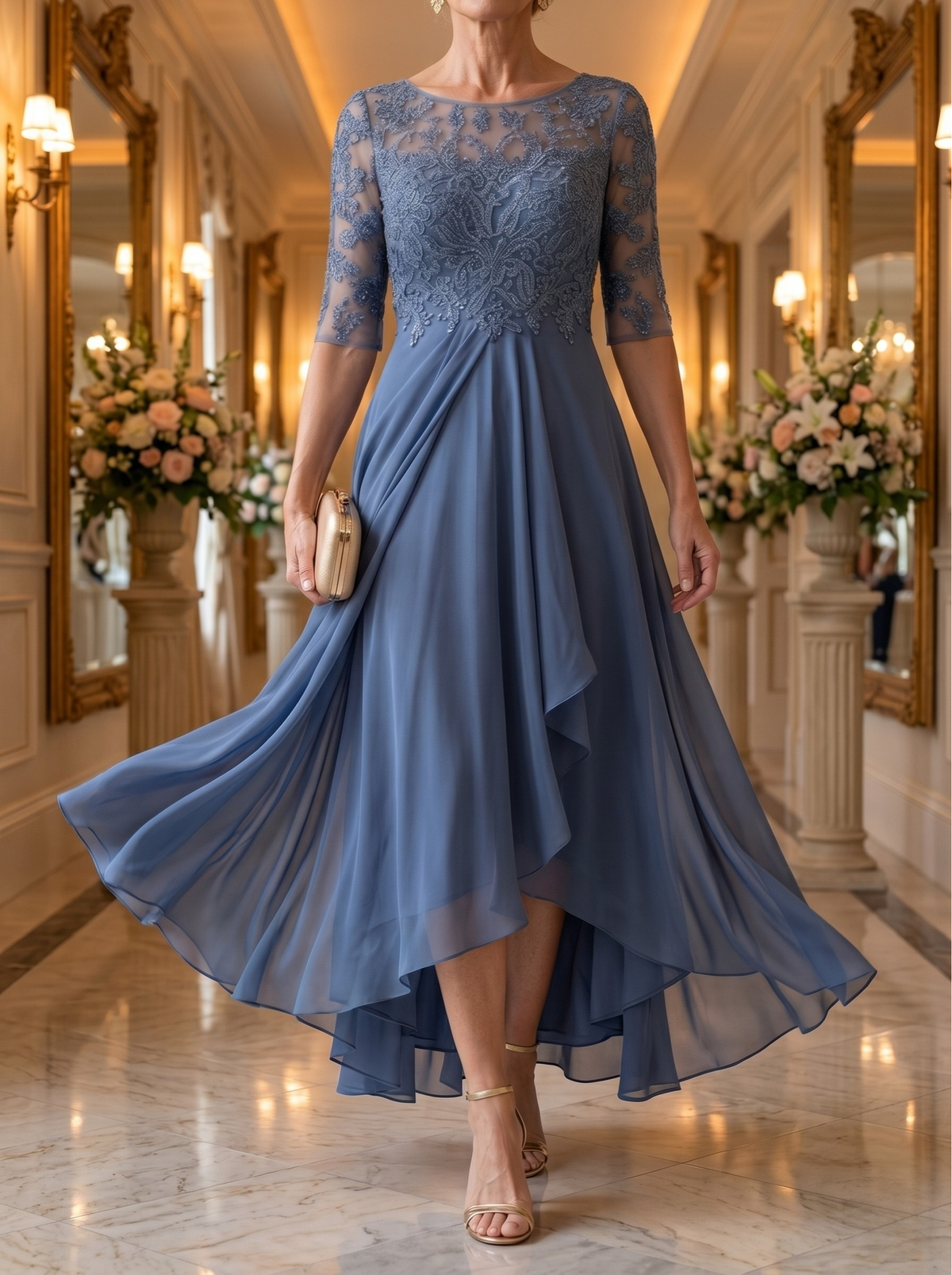 Rhonda lace dress in blue, walking front view