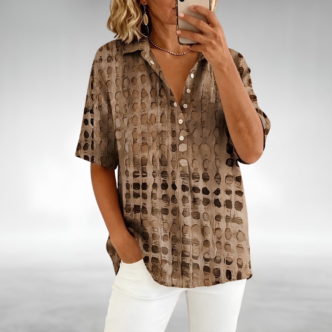 Melody relaxed comfort top in brown, front view