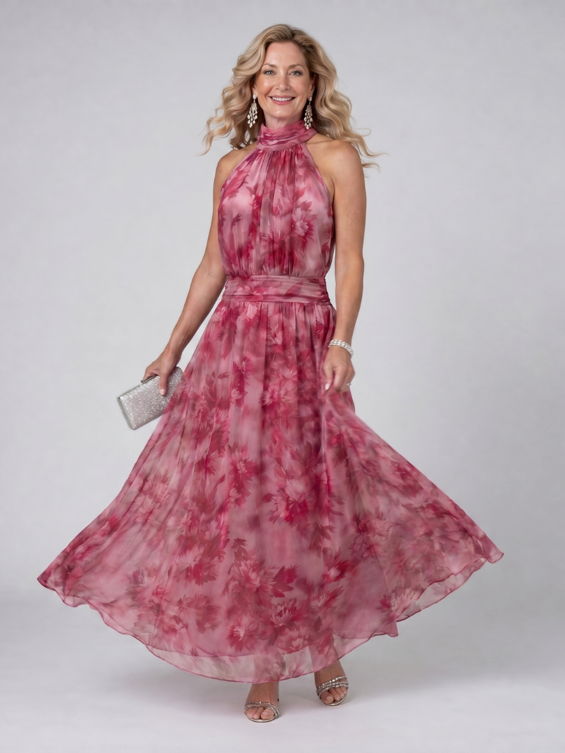 Avien floral halter dress in rose pink, flowing skirt front view
