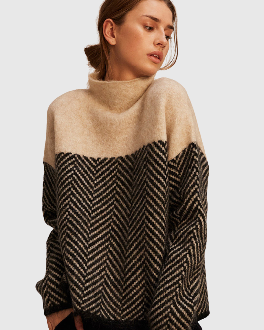 Tamsin turtleneck sweater in beige and black herringbone, front view