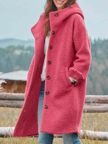 Lenora soft transitional coat in pink, buttoned side view with hood