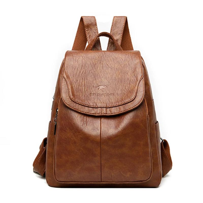 Phoebe secure leather backpack in brown, front view with flap top