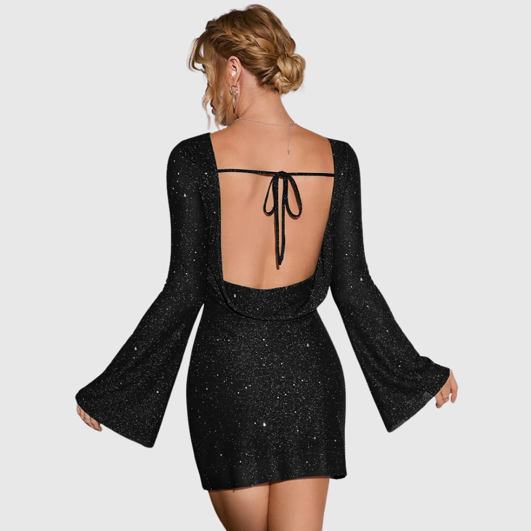 Isadora shimmering mini dress in black, back view with neck tie detail