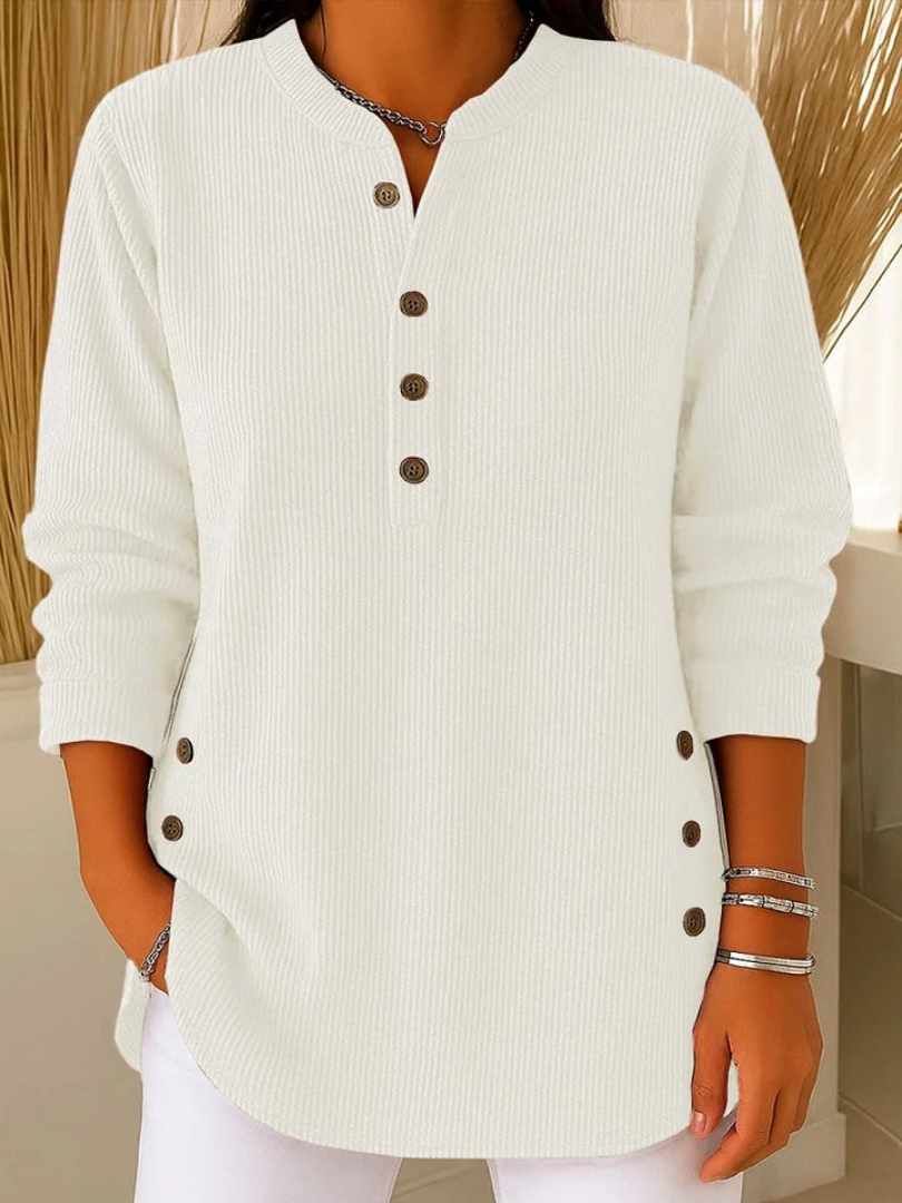 Nieves buttoned Henley tunic in white, front view