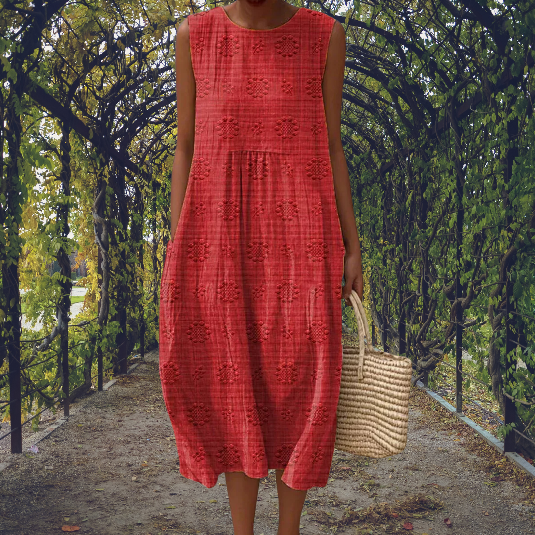 Aikaterini sleeveless midi dress in red, full-length front view