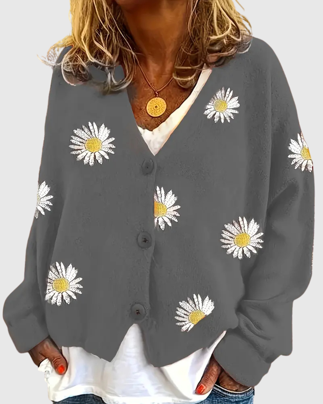 Irene knit button cardigan in grey with daisy motifs, front view