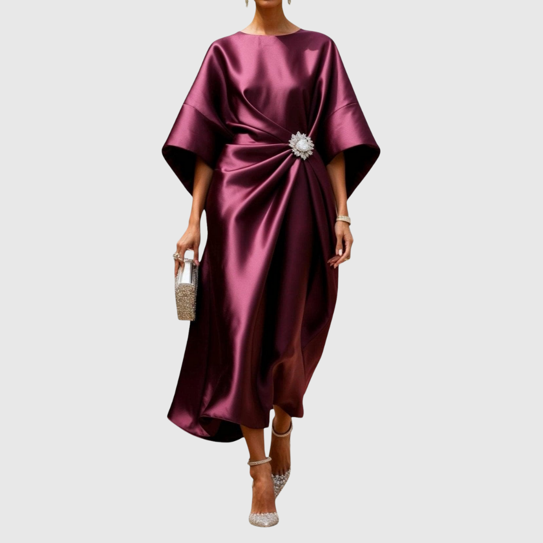 Luneth satin midi dress in red, full-length front view