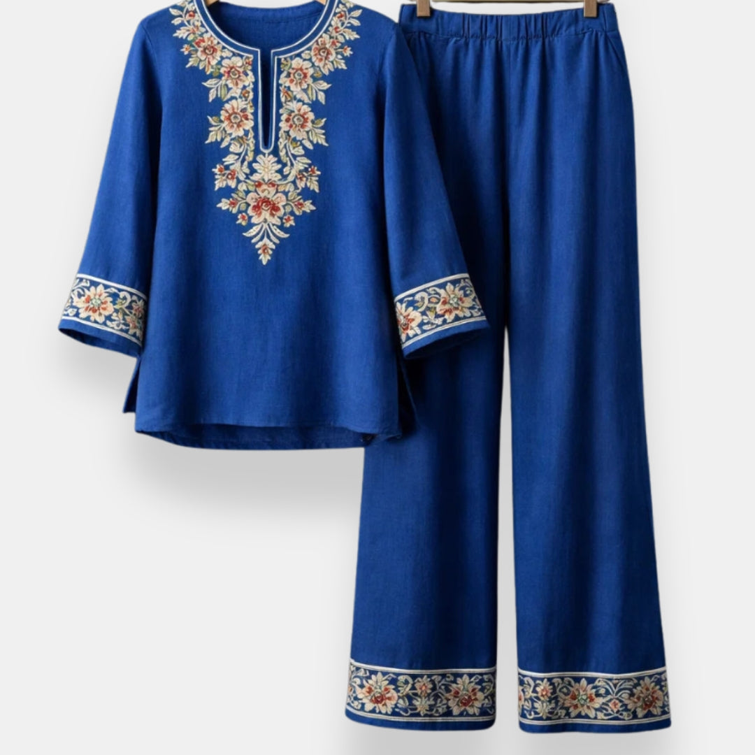 Cordelia embroidered two-piece set in blue, tunic and wide-leg trousers front view