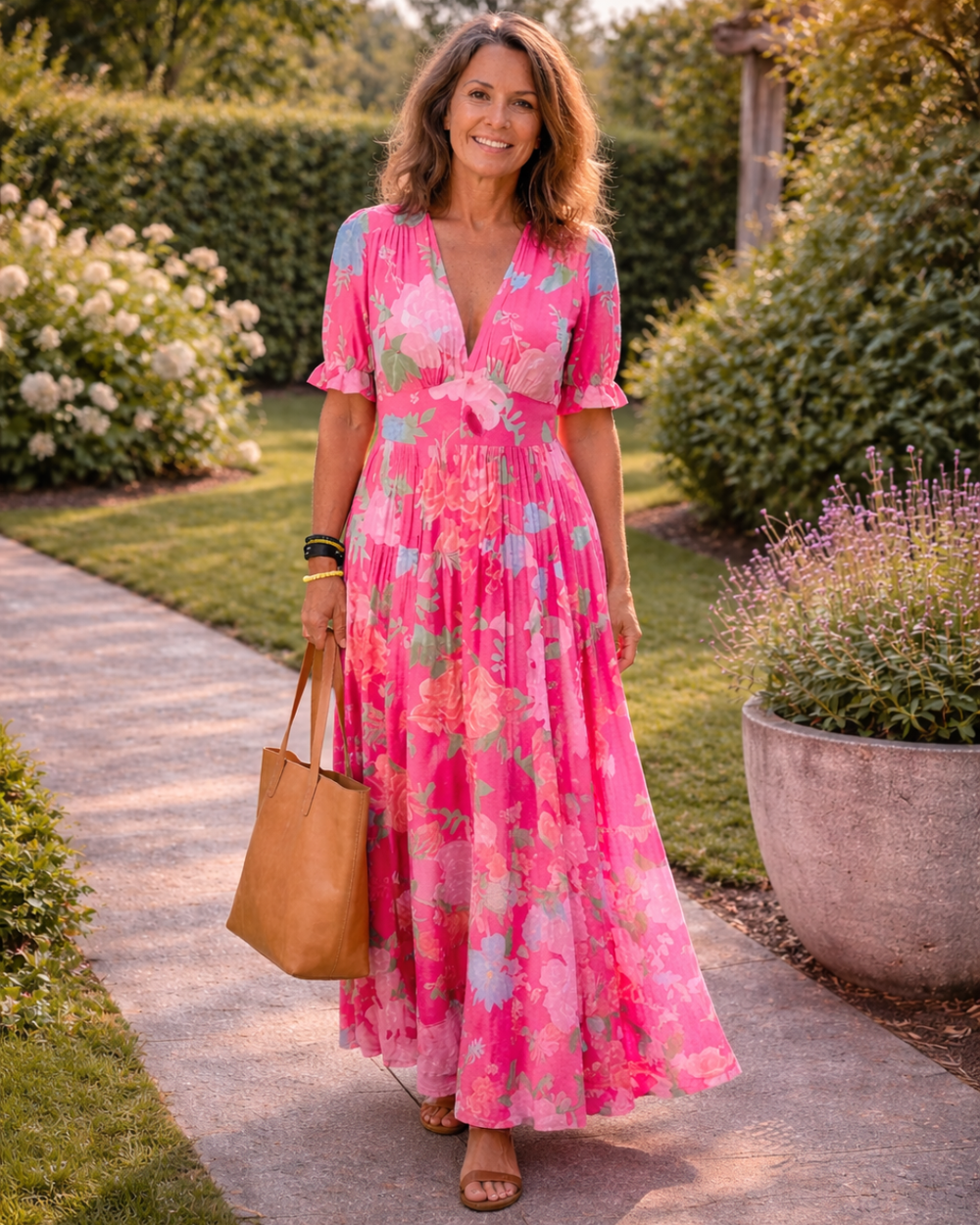 Ione floral V-neck dress in pink, full-length front view in a garden
