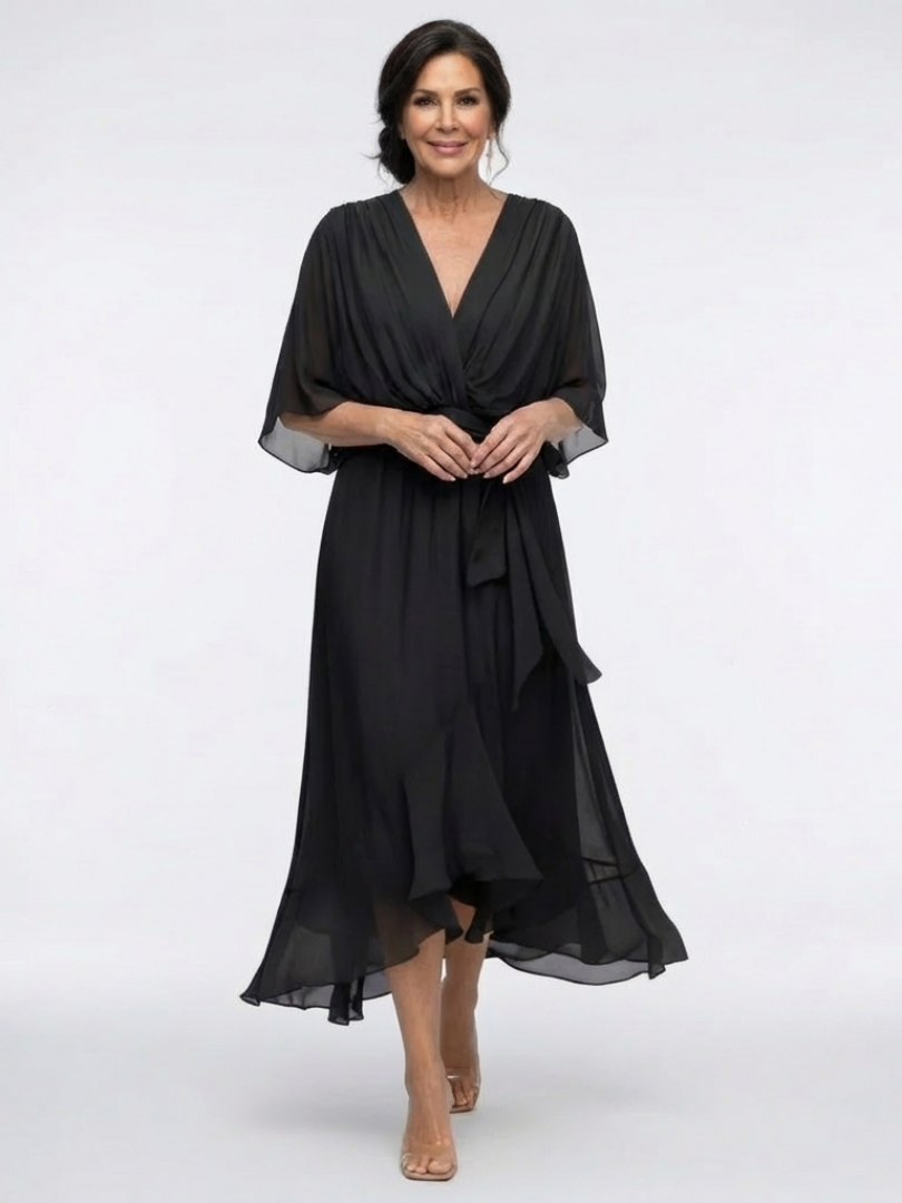 Elysia V neck midi dress in black, full-length front view
